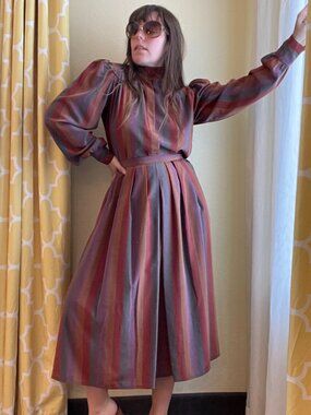 Vintage 70s Retro Secretary Blouse Regina Porter Striped 2 Piece Skirt Set XS